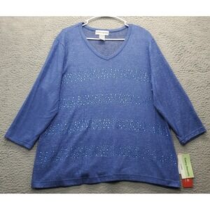 Cathy Daniels Hacci Top Womens XL Blue‎ Rhinestone Embellished V-Neck Pullover